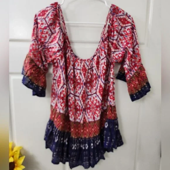 ! Beach Lunch Lounge Bohemian Inspired Contrasting Ruffled Trim Blouse Size M ! - Picture 5 of 6